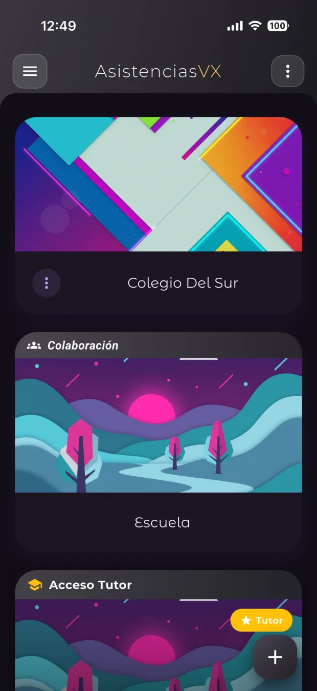 Aplicación AsistenciasVX en modo oscuro mostrando instituciones y accesos compartidos